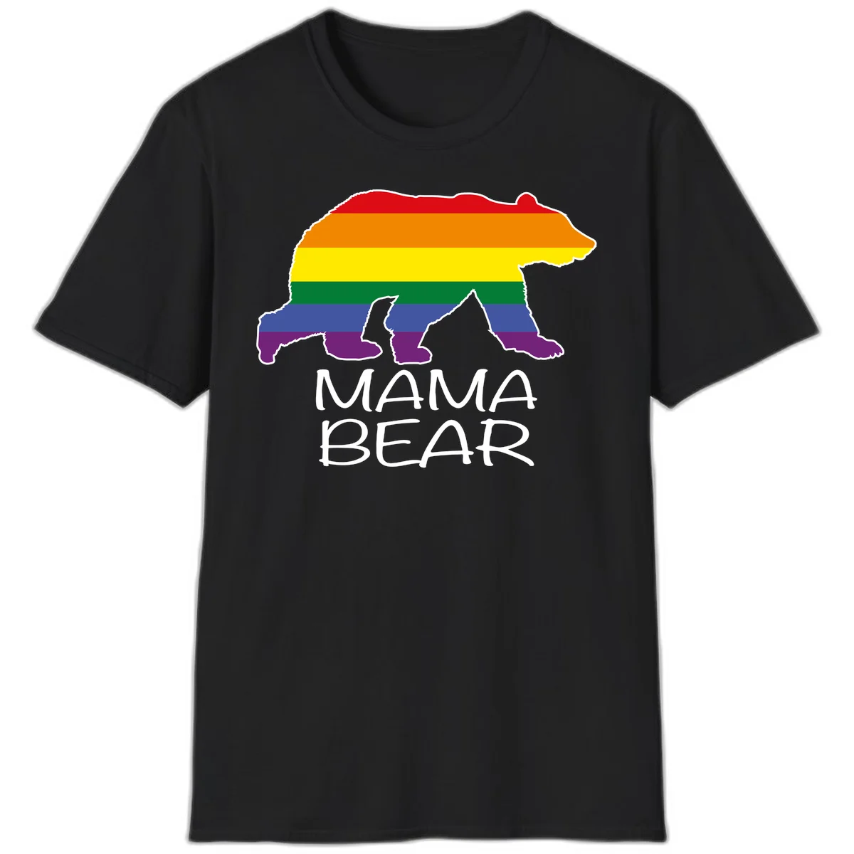 Mama bear silhouette with rainbow pride stripes and mountain details, with 'MAMA BEAR' text below in Black