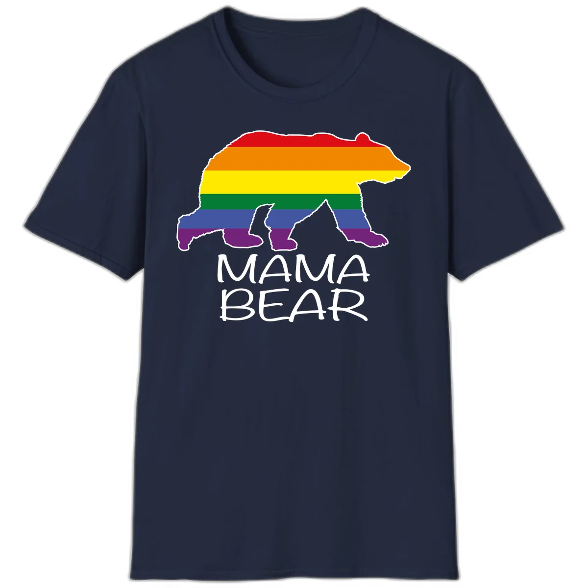 Mama bear silhouette with rainbow pride stripes and mountain details, with 'MAMA BEAR' text below in Navy