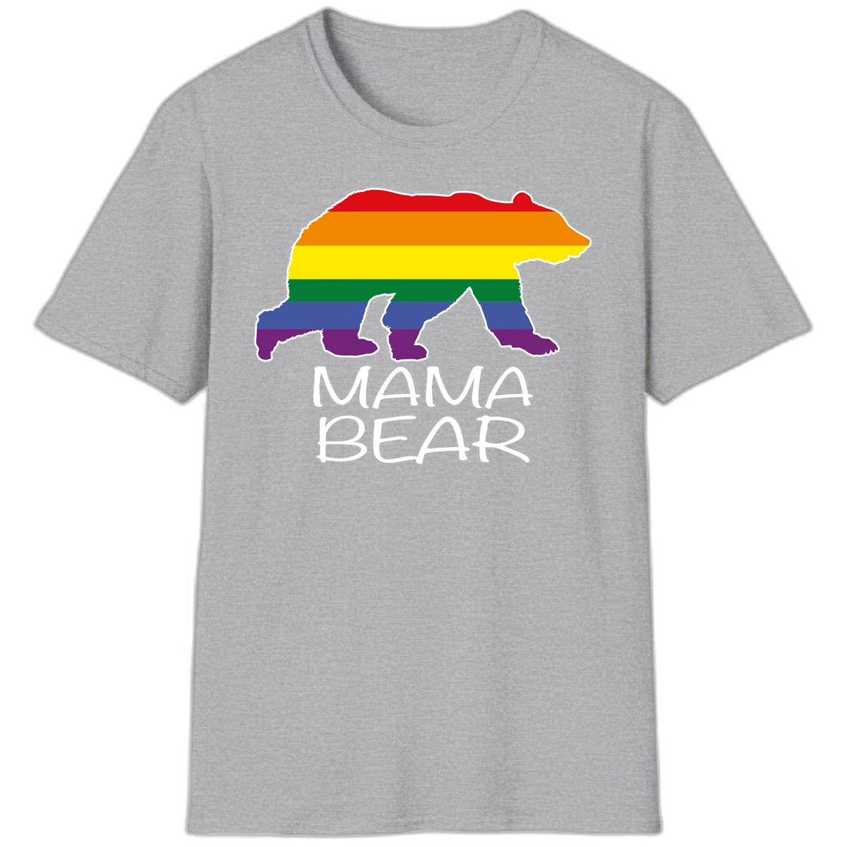 Mama bear silhouette with rainbow pride stripes and mountain details, with 'MAMA BEAR' text below in Sport Grey