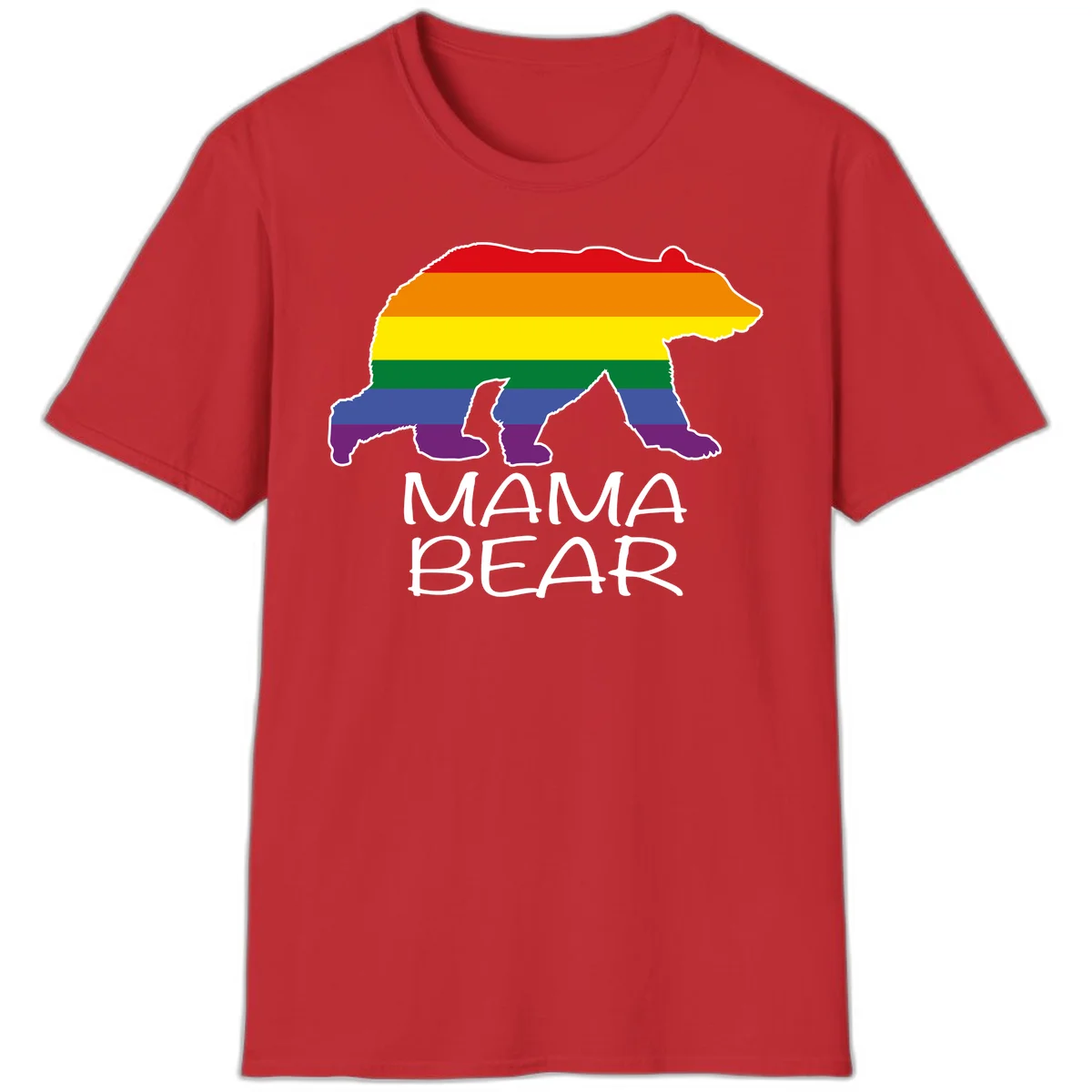 Mama bear silhouette with rainbow pride stripes and mountain details, with 'MAMA BEAR' text below in Red