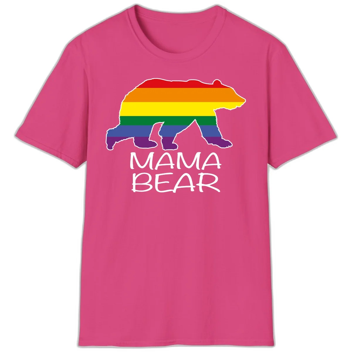 Mama bear silhouette with rainbow pride stripes and mountain details, with 'MAMA BEAR' text below in Heliconia