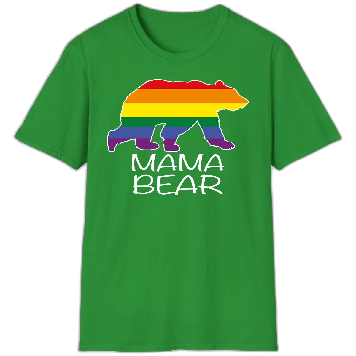 Mama bear silhouette with rainbow pride stripes and mountain details, with 'MAMA BEAR' text below in Irish Green