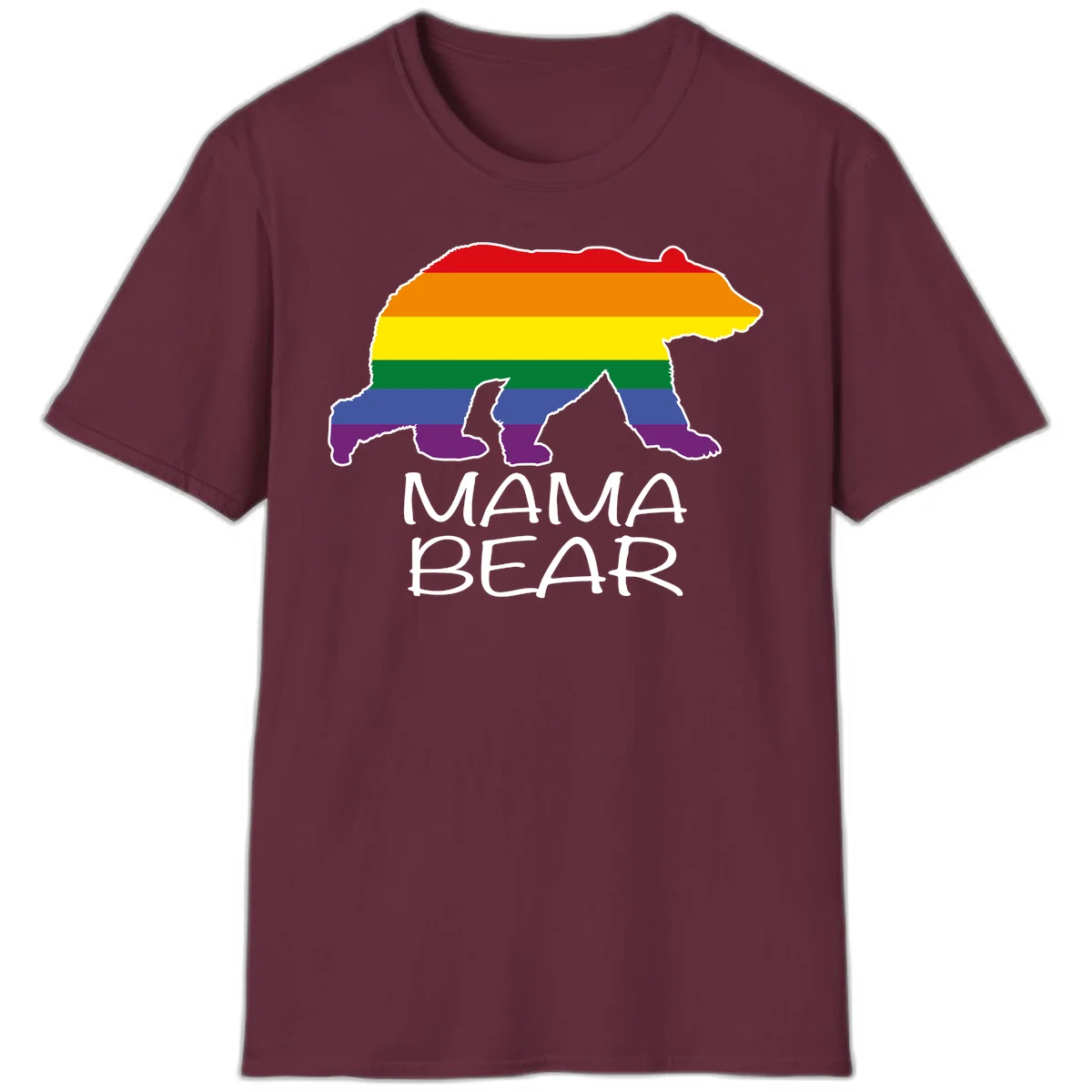 Mama bear silhouette with rainbow pride stripes and mountain details, with 'MAMA BEAR' text below in Maroon