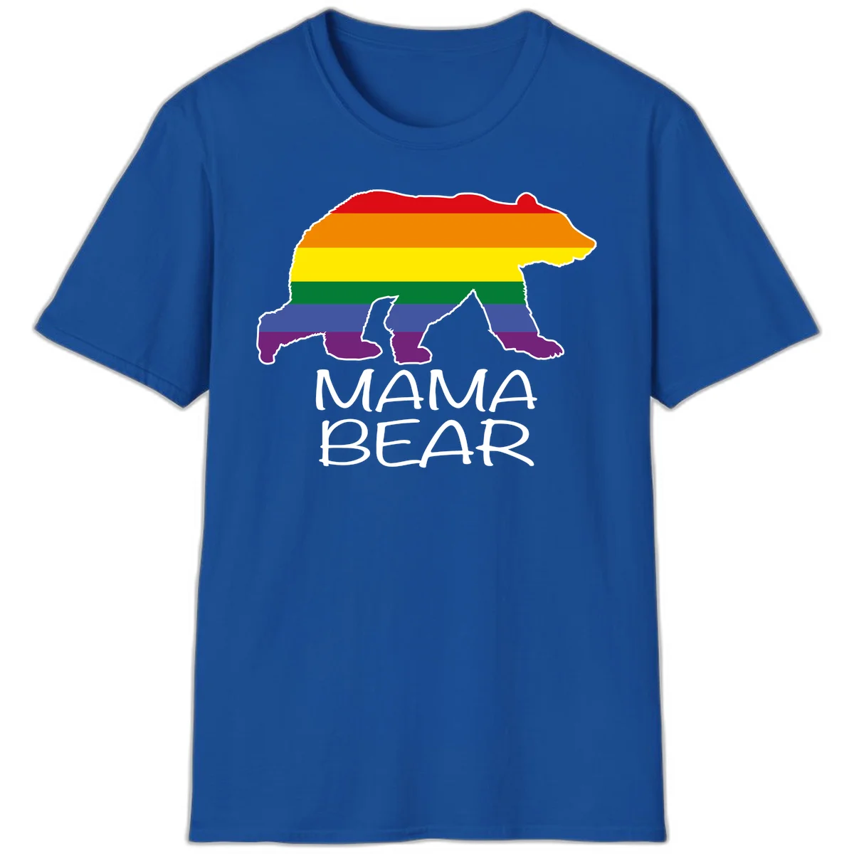 Mama bear silhouette with rainbow pride stripes and mountain details, with 'MAMA BEAR' text below in Royal