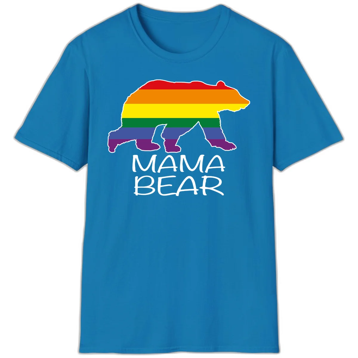 Mama bear silhouette with rainbow pride stripes and mountain details, with 'MAMA BEAR' text below in Sapphire