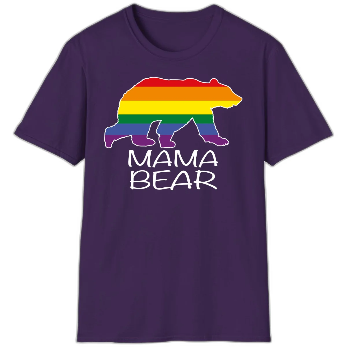Mama bear silhouette with rainbow pride stripes and mountain details, with 'MAMA BEAR' text below in Purple