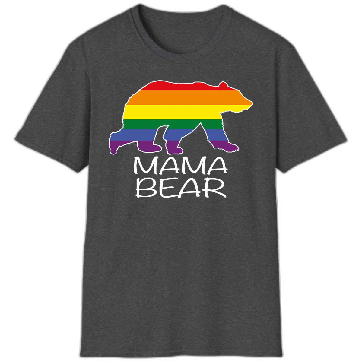 Mama bear silhouette with rainbow pride stripes and mountain details, with 'MAMA BEAR' text below in Dark Heather
