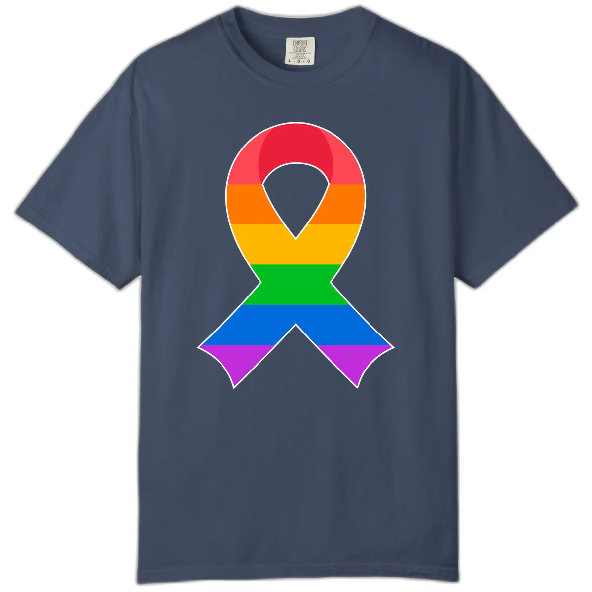Rainbow pride awareness ribbon with horizontal stripes in red, orange, yellow, green, blue, and purple colors in Midnight