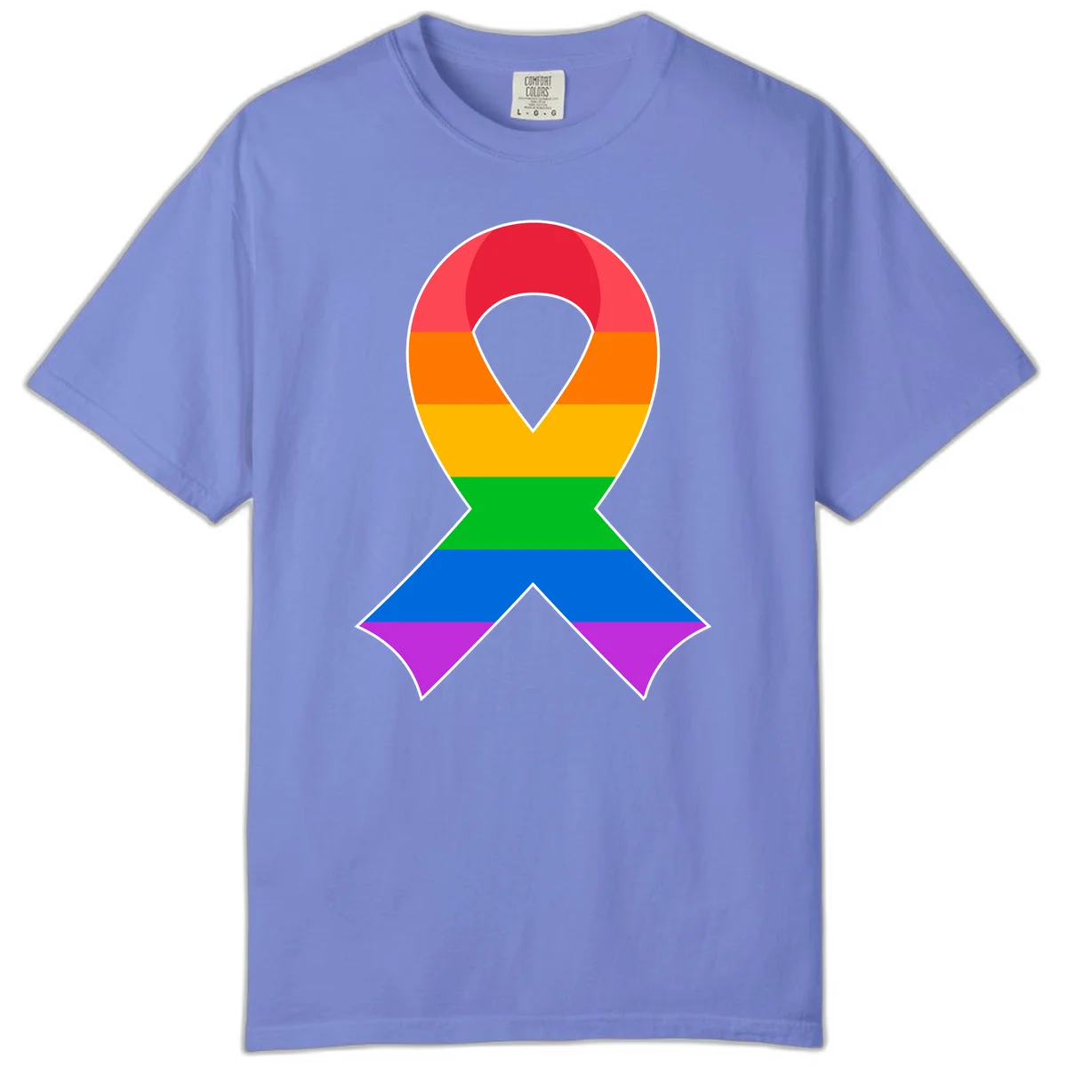 Rainbow pride awareness ribbon with horizontal stripes in red, orange, yellow, green, blue, and purple colors in Flo Blue