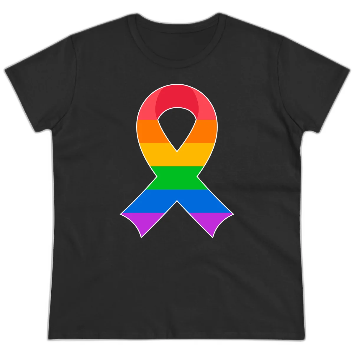 Rainbow pride awareness ribbon with horizontal stripes in red, orange, yellow, green, blue, and purple colors in Black