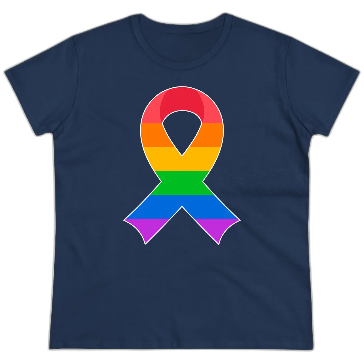 Rainbow pride awareness ribbon with horizontal stripes in red, orange, yellow, green, blue, and purple colors in Navy