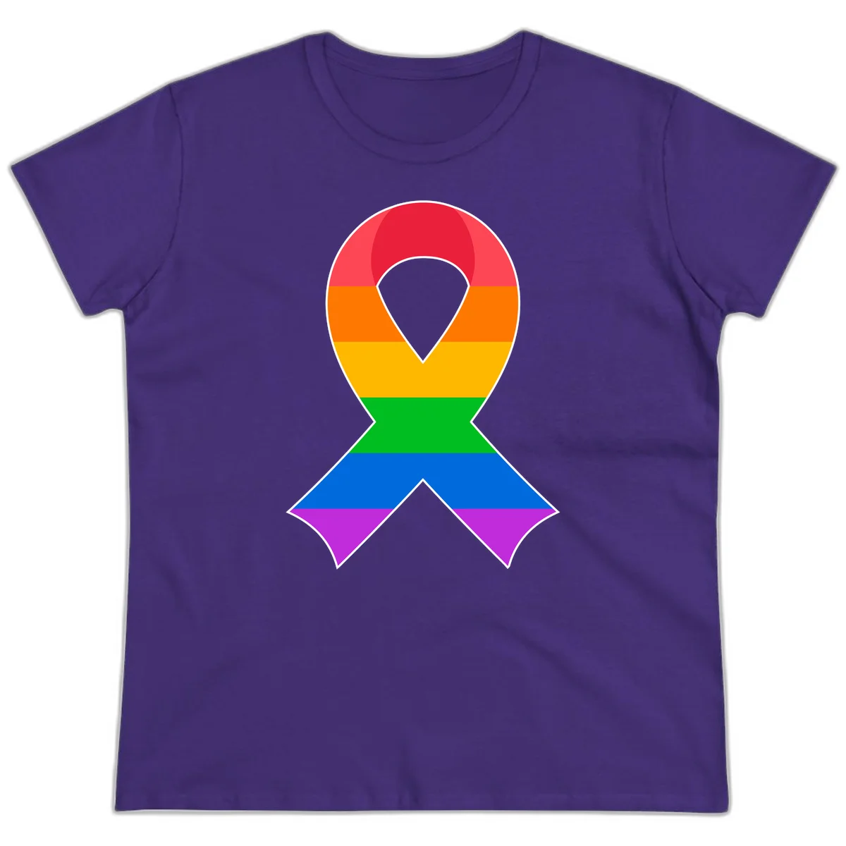 Rainbow pride awareness ribbon with horizontal stripes in red, orange, yellow, green, blue, and purple colors in Purple