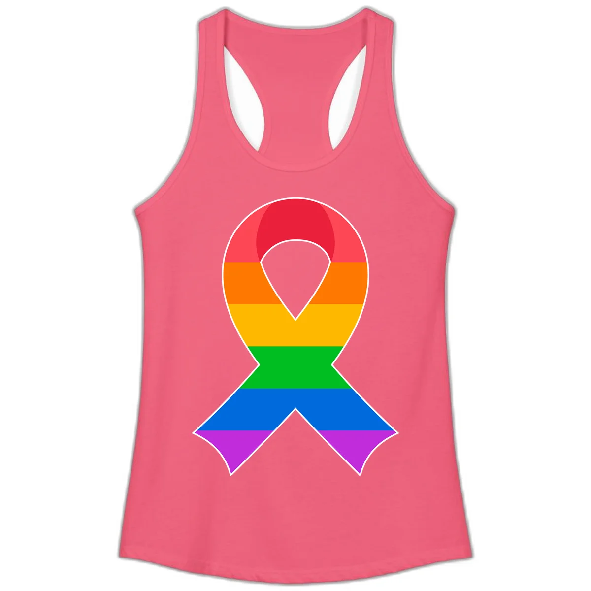 Rainbow pride awareness ribbon with horizontal stripes in red, orange, yellow, green, blue, and purple colors in Hot Pink