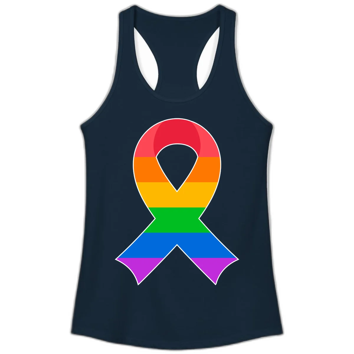 Rainbow pride awareness ribbon with horizontal stripes in red, orange, yellow, green, blue, and purple colors in Solid Midnight Navy