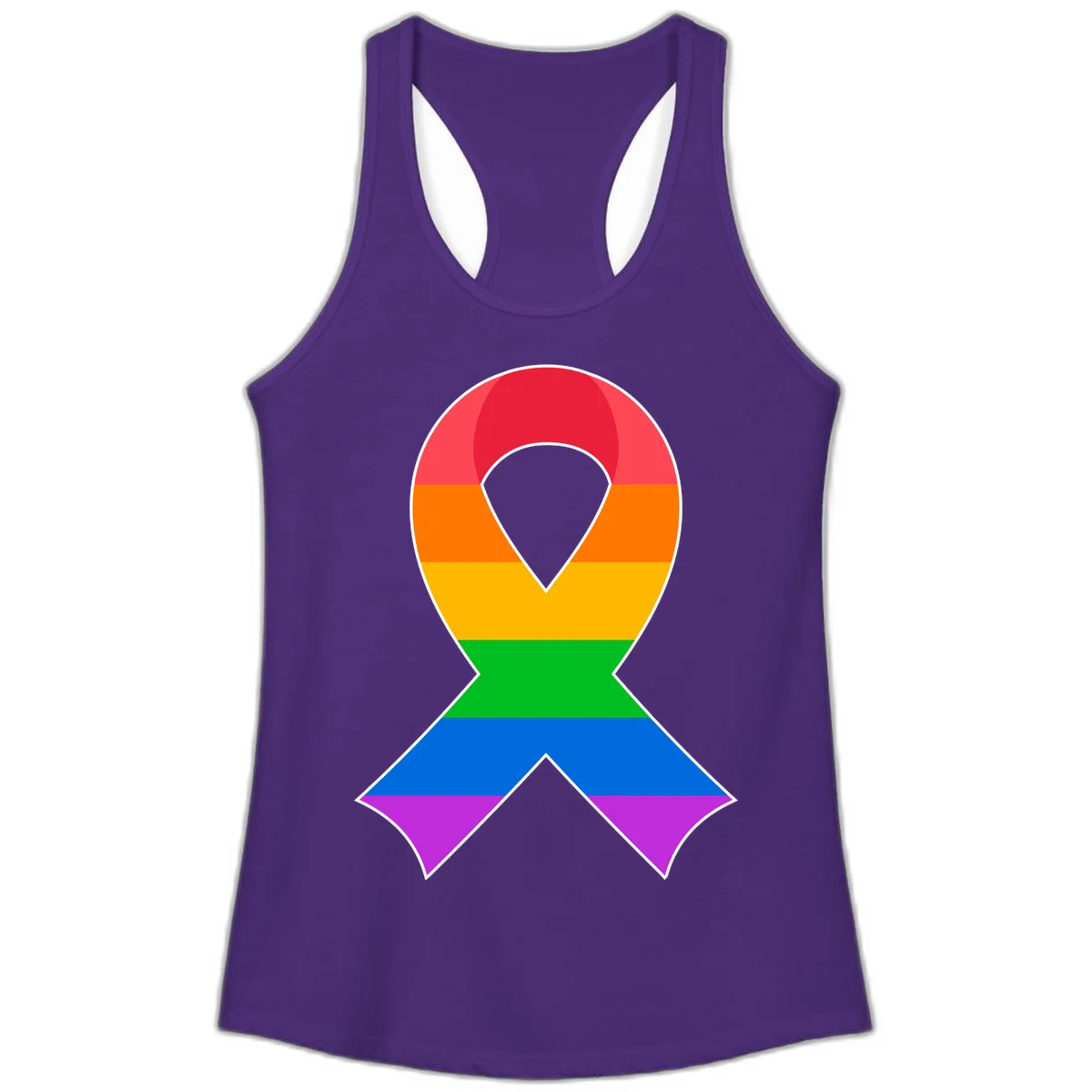 Rainbow pride awareness ribbon with horizontal stripes in red, orange, yellow, green, blue, and purple colors in Solid Purple Rush