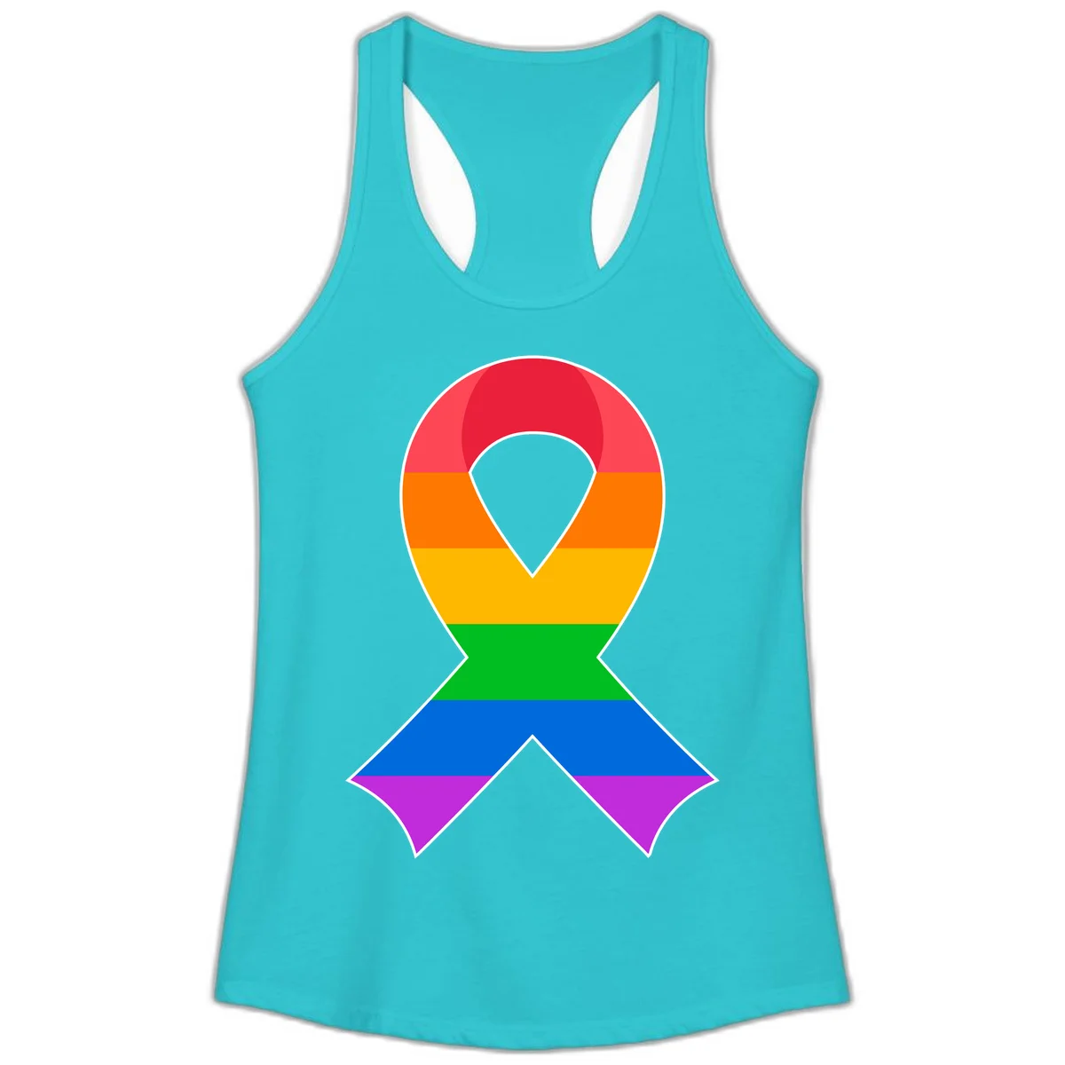 Rainbow pride awareness ribbon with horizontal stripes in red, orange, yellow, green, blue, and purple colors in Solid Tahiti Blue