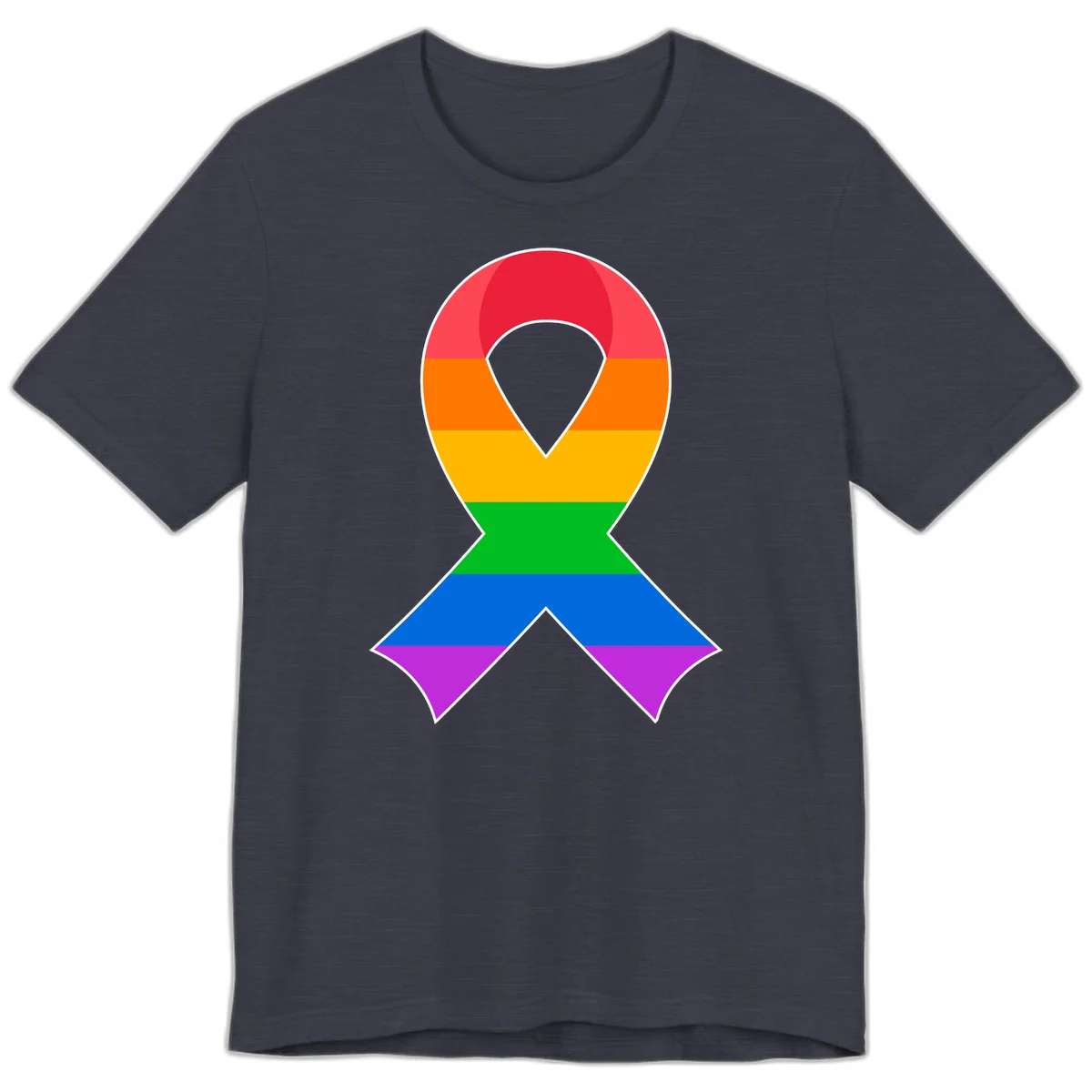 Rainbow pride awareness ribbon with horizontal stripes in red, orange, yellow, green, blue, and purple colors in Heather Midnight Navy
