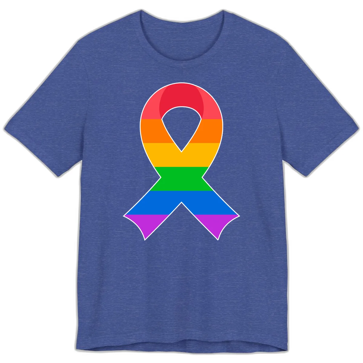 Rainbow pride awareness ribbon with horizontal stripes in red, orange, yellow, green, blue, and purple colors in Heather True Royal