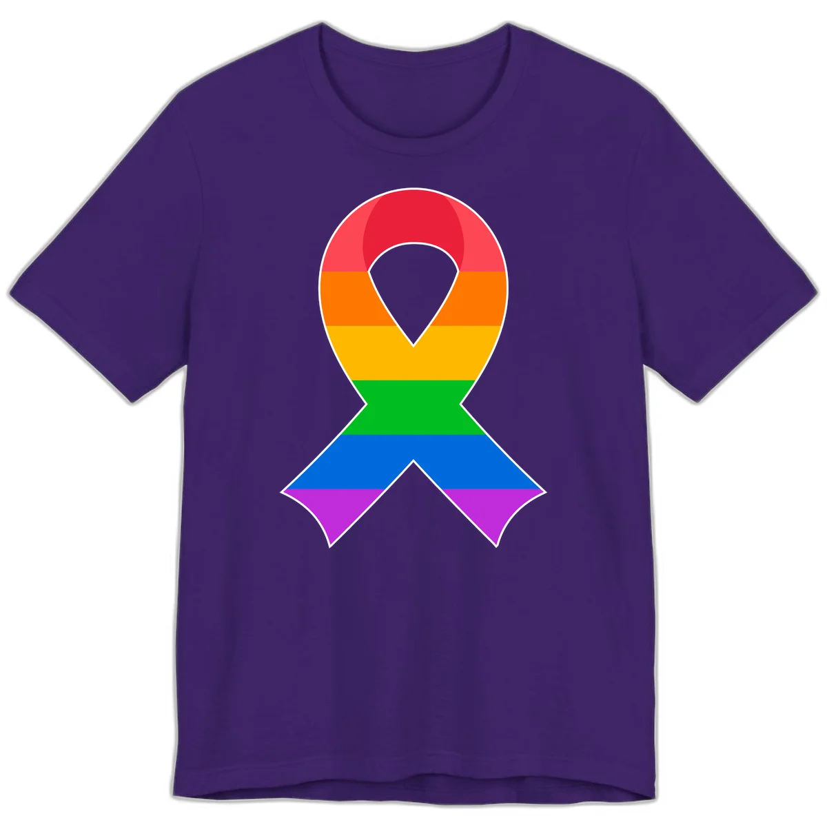 Rainbow pride awareness ribbon with horizontal stripes in red, orange, yellow, green, blue, and purple colors in Team Purple