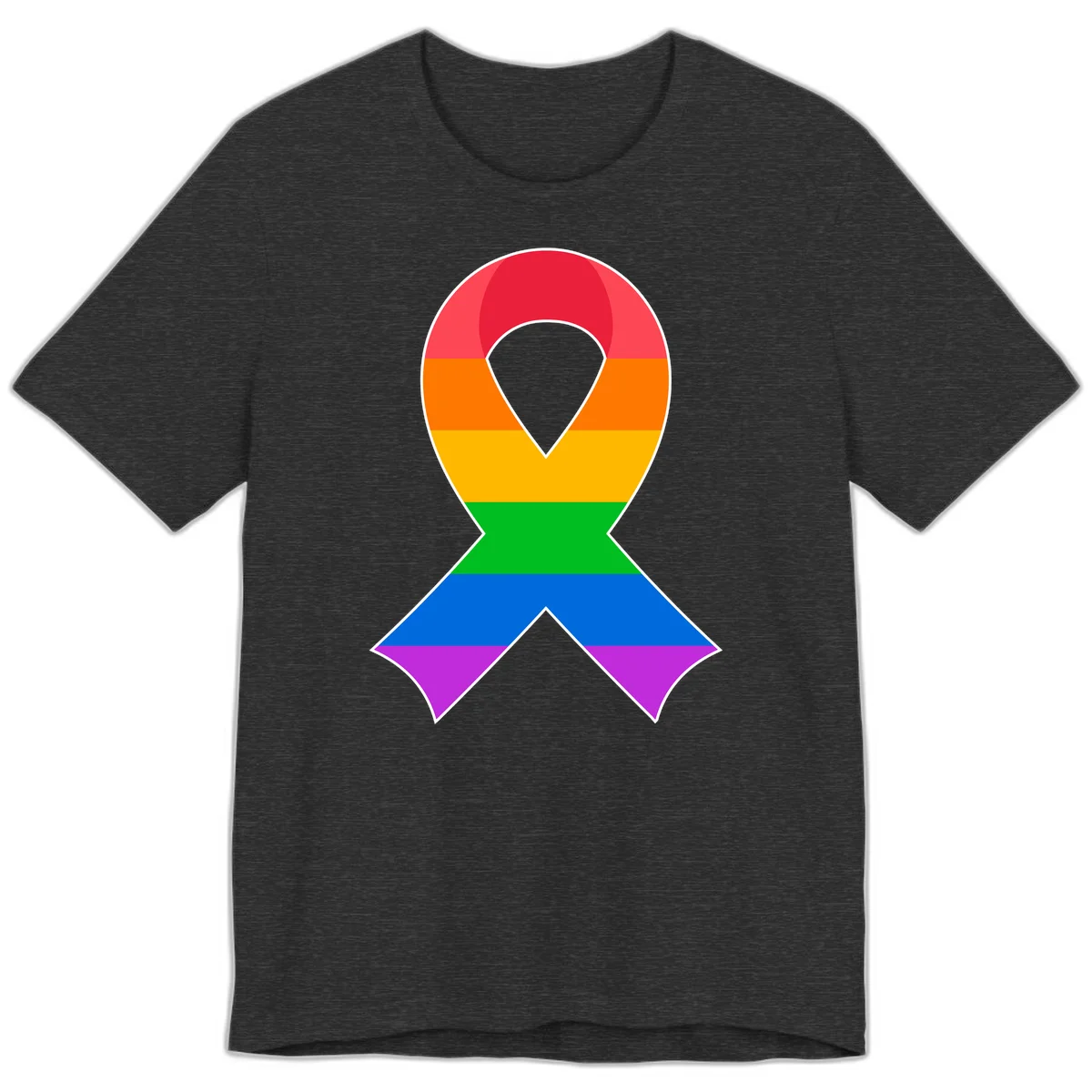 Rainbow pride awareness ribbon with horizontal stripes in red, orange, yellow, green, blue, and purple colors in Dark Grey Heather