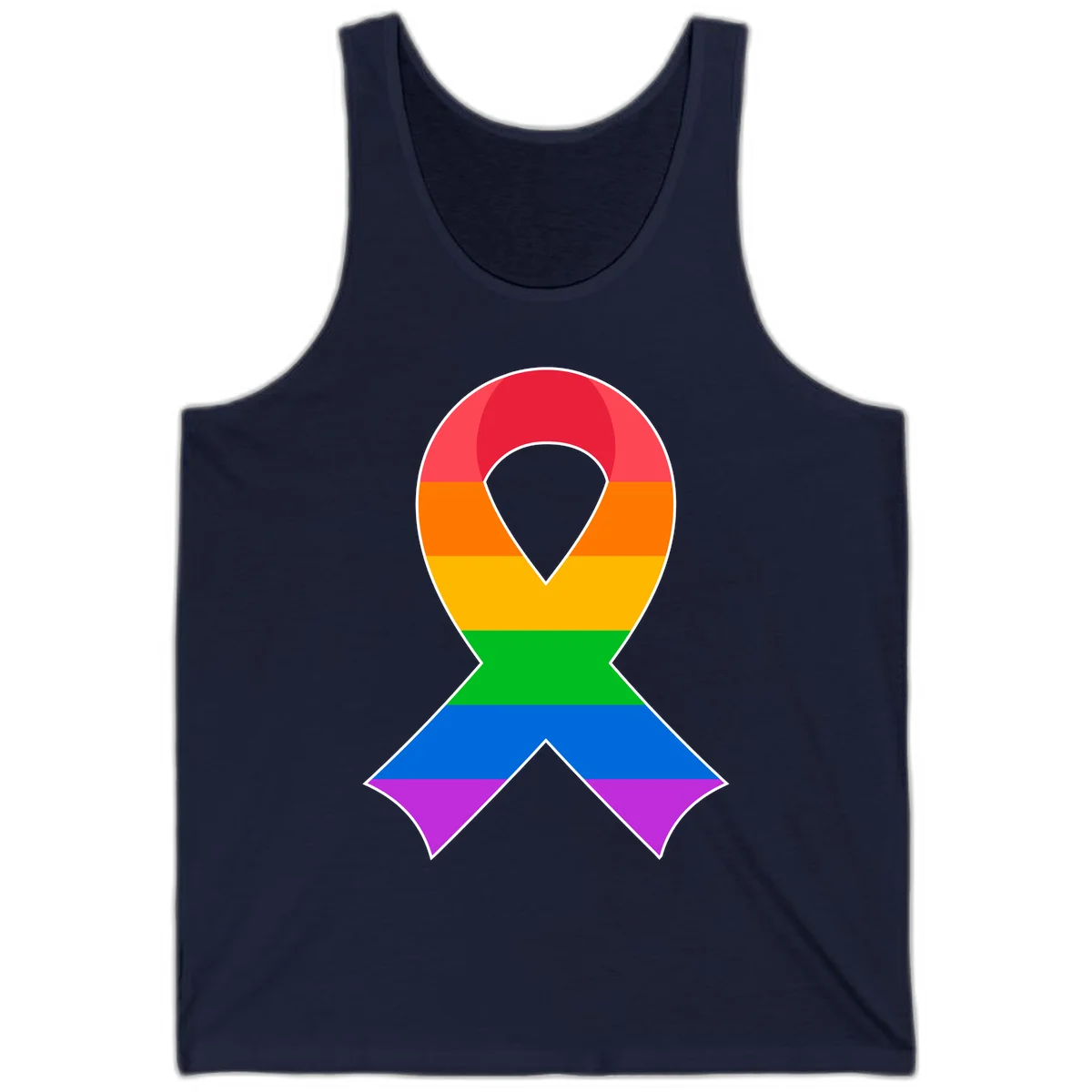 Rainbow pride awareness ribbon with horizontal stripes in red, orange, yellow, green, blue, and purple colors in Navy