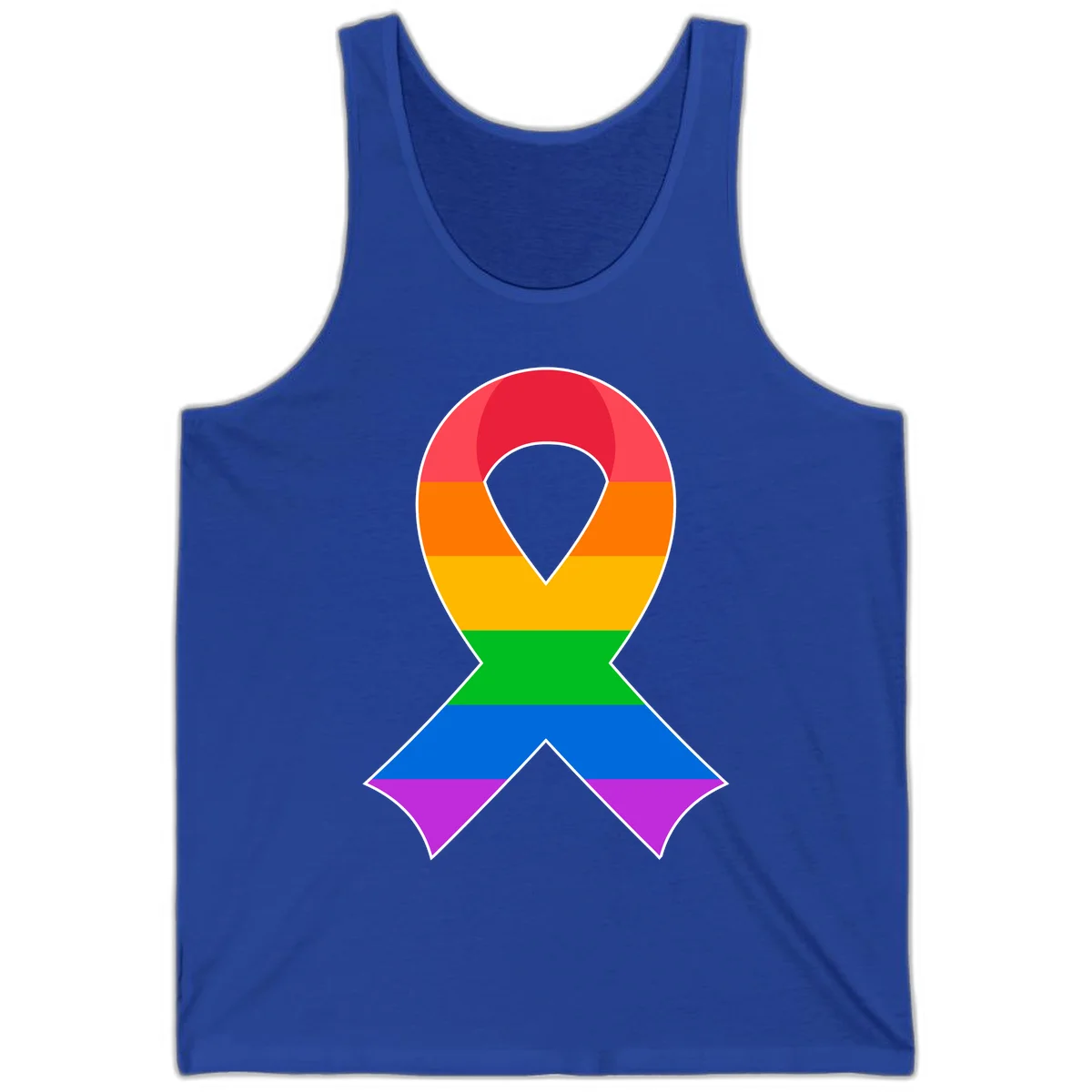 Rainbow pride awareness ribbon with horizontal stripes in red, orange, yellow, green, blue, and purple colors in True Royal