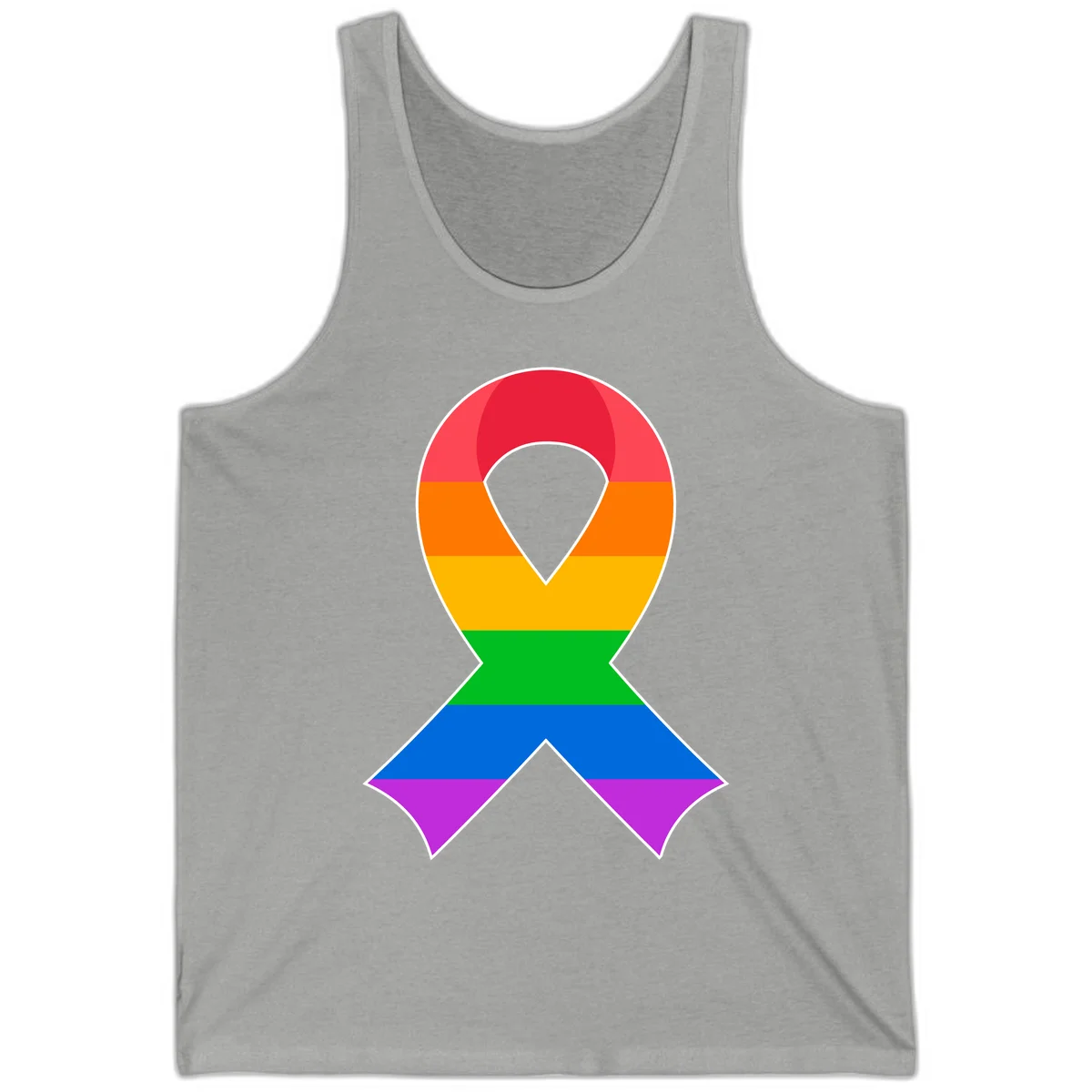 Rainbow pride awareness ribbon with horizontal stripes in red, orange, yellow, green, blue, and purple colors in Athletic Heather