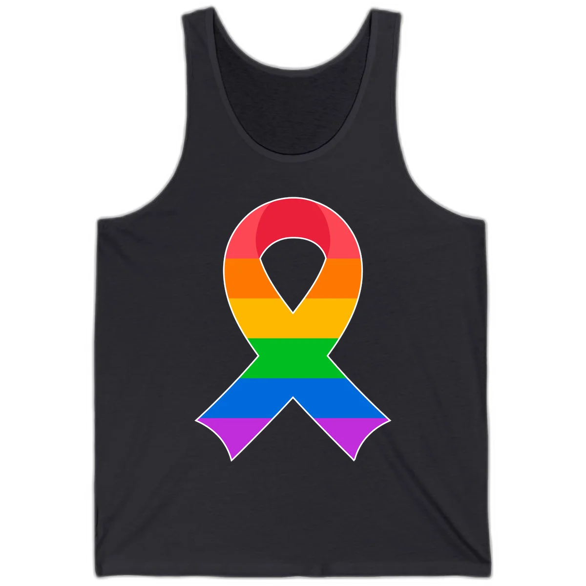 Rainbow pride awareness ribbon with horizontal stripes in red, orange, yellow, green, blue, and purple colors in Dark Grey