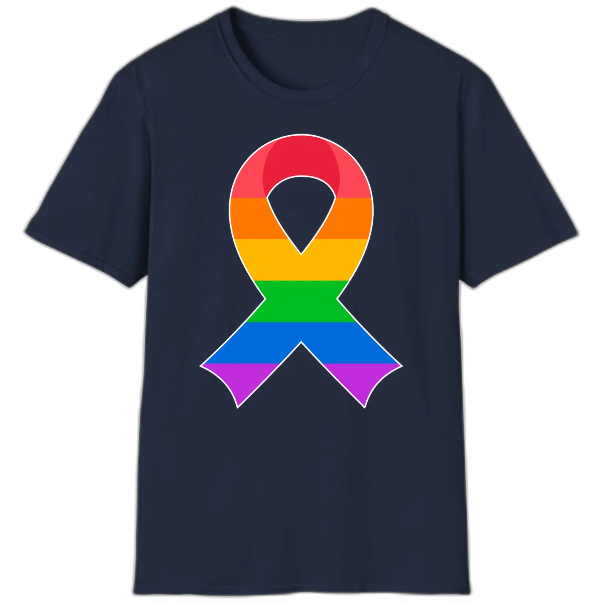 Rainbow pride awareness ribbon with horizontal stripes in red, orange, yellow, green, blue, and purple colors in Navy