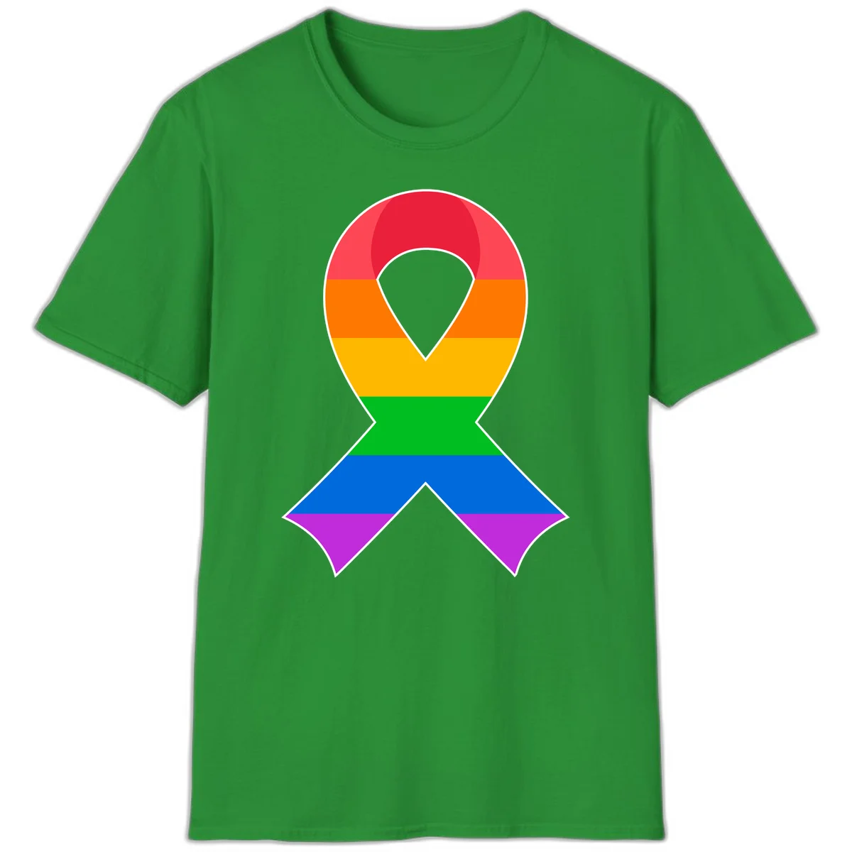 Rainbow pride awareness ribbon with horizontal stripes in red, orange, yellow, green, blue, and purple colors in Irish Green