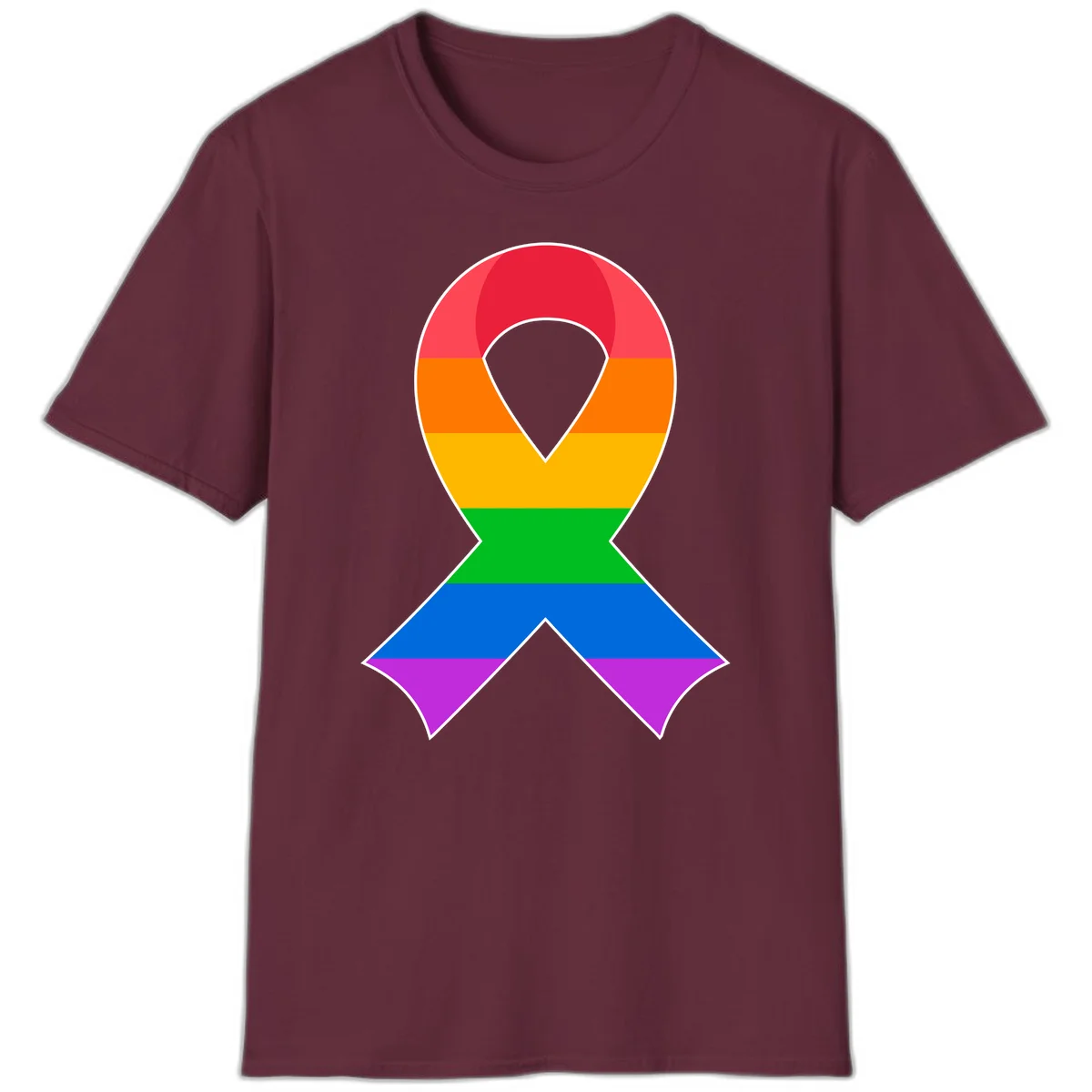 Rainbow pride awareness ribbon with horizontal stripes in red, orange, yellow, green, blue, and purple colors in Maroon