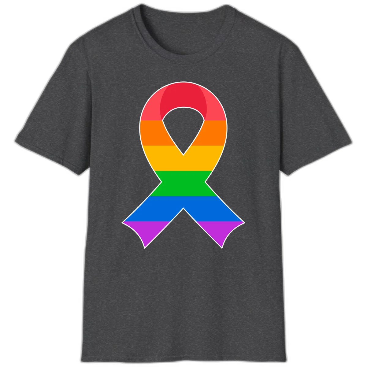 Rainbow pride awareness ribbon with horizontal stripes in red, orange, yellow, green, blue, and purple colors in Dark Heather