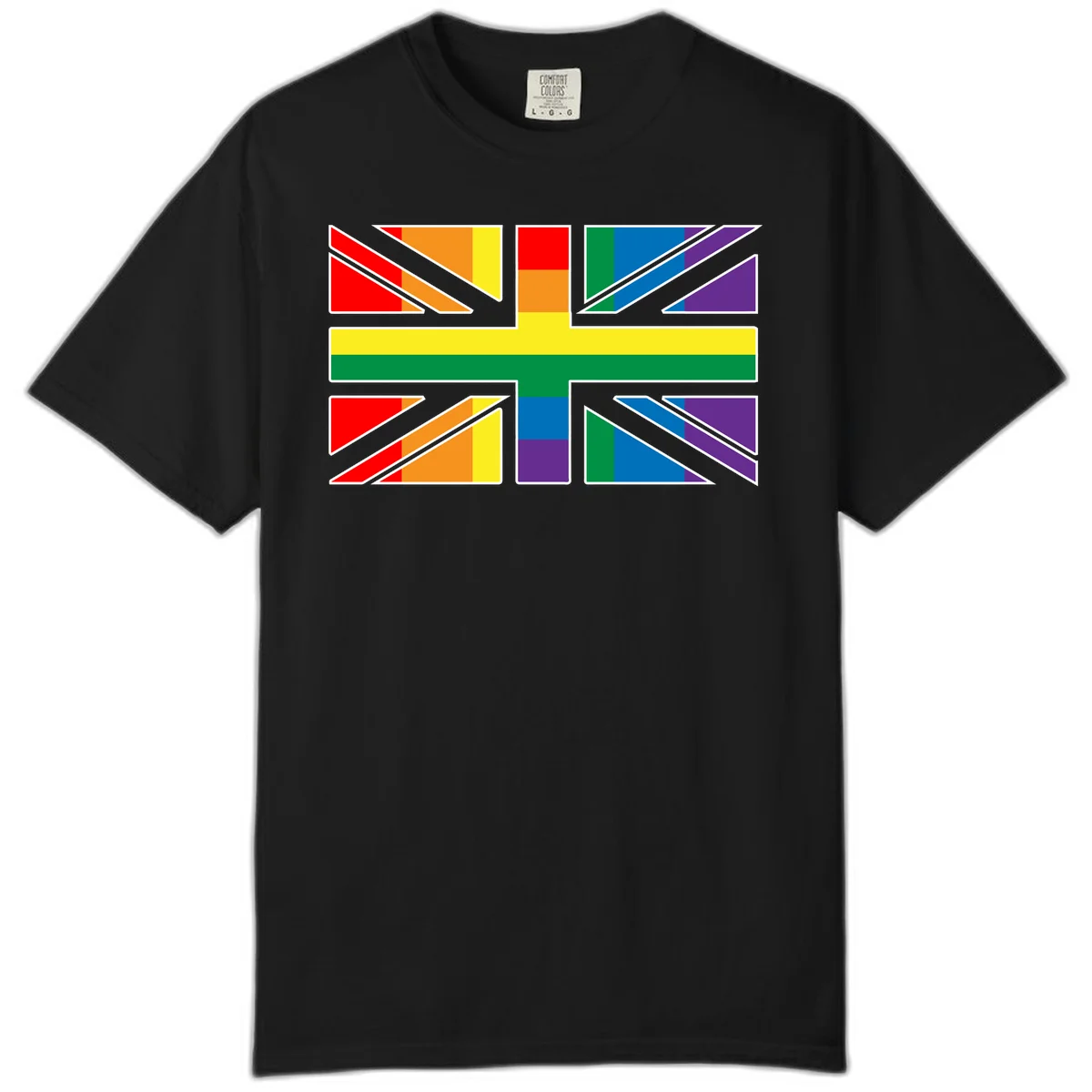 Pride geometric rainbow design with bold triangles and diagonal stripes in red, orange, yellow, green, blue, and purple in Black