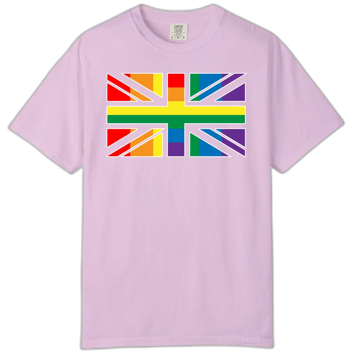 Pride geometric rainbow design with bold triangles and diagonal stripes in red, orange, yellow, green, blue, and purple in Orchid