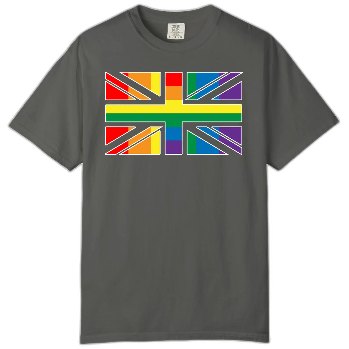 Pride geometric rainbow design with bold triangles and diagonal stripes in red, orange, yellow, green, blue, and purple in Pepper
