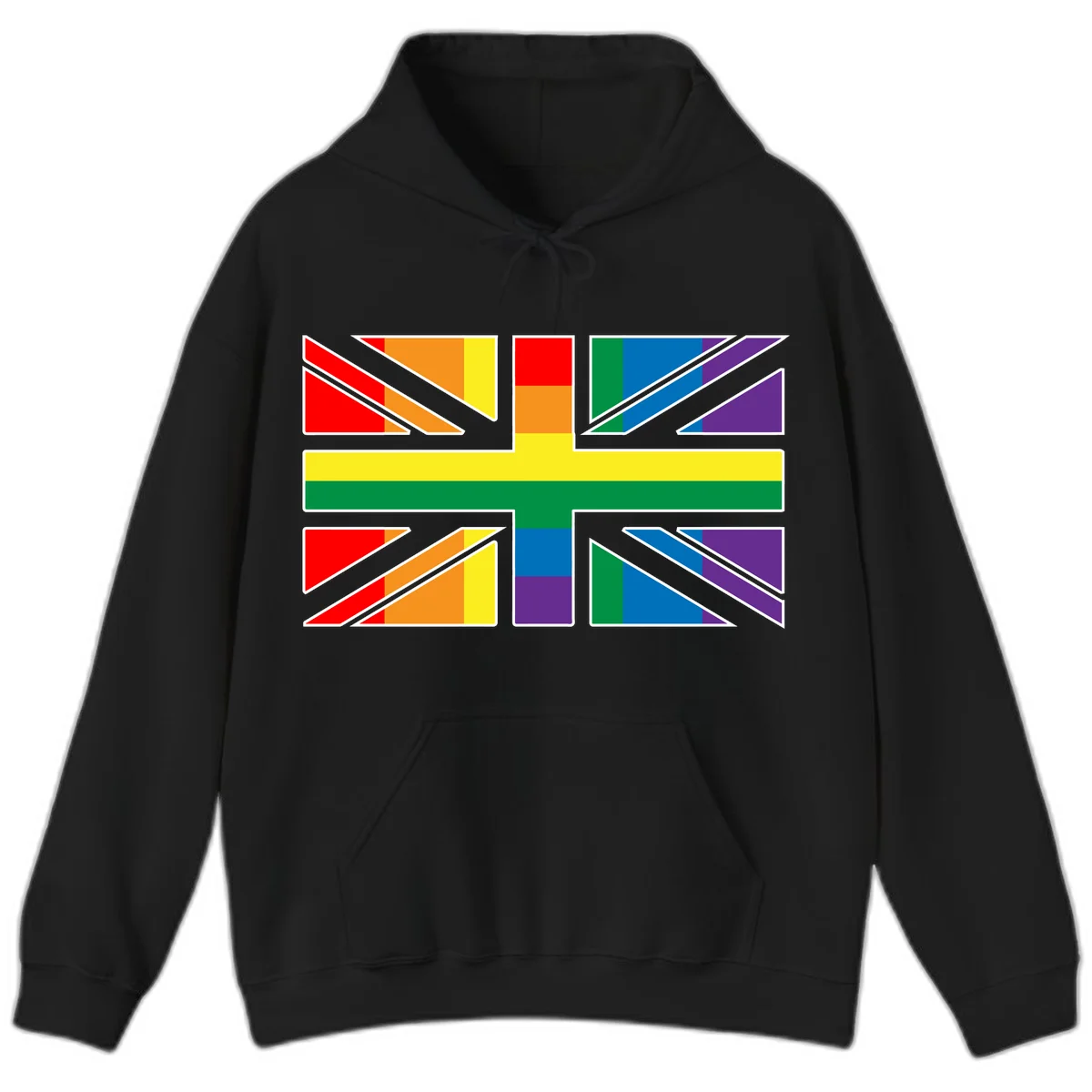 Pride geometric rainbow design with bold triangles and diagonal stripes in red, orange, yellow, green, blue, and purple in Black