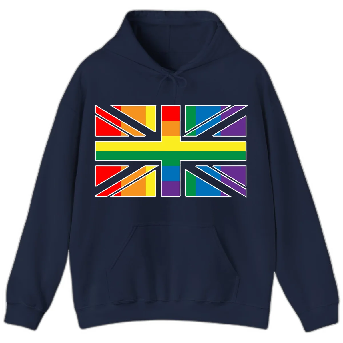 Pride geometric rainbow design with bold triangles and diagonal stripes in red, orange, yellow, green, blue, and purple in Navy