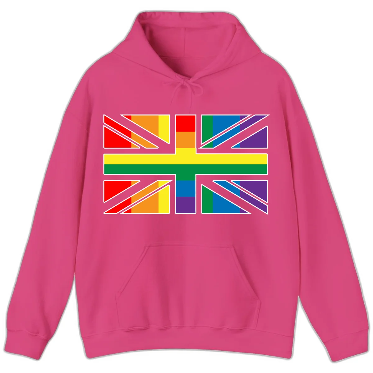 Pride geometric rainbow design with bold triangles and diagonal stripes in red, orange, yellow, green, blue, and purple in Heliconia