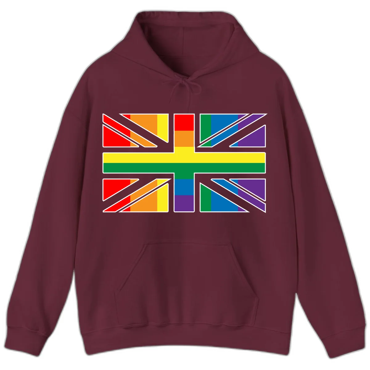 Pride geometric rainbow design with bold triangles and diagonal stripes in red, orange, yellow, green, blue, and purple in Maroon