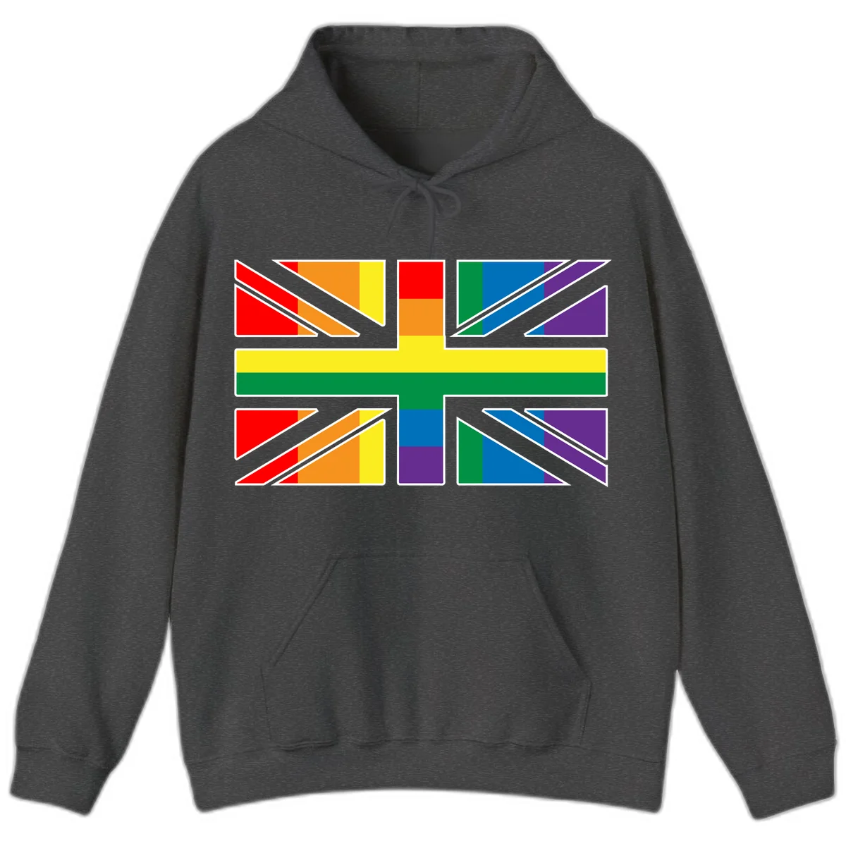 Pride geometric rainbow design with bold triangles and diagonal stripes in red, orange, yellow, green, blue, and purple in Dark Heather