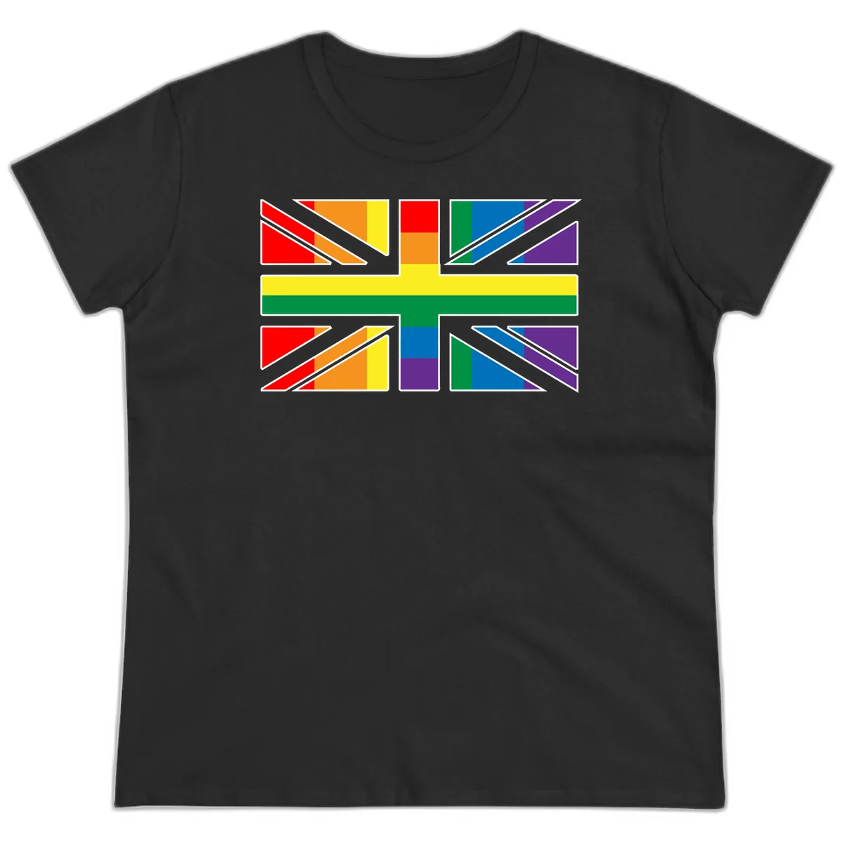 Pride geometric rainbow design with bold triangles and diagonal stripes in red, orange, yellow, green, blue, and purple in Black