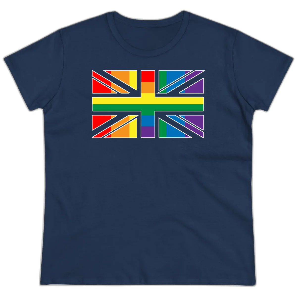 Pride geometric rainbow design with bold triangles and diagonal stripes in red, orange, yellow, green, blue, and purple in Navy