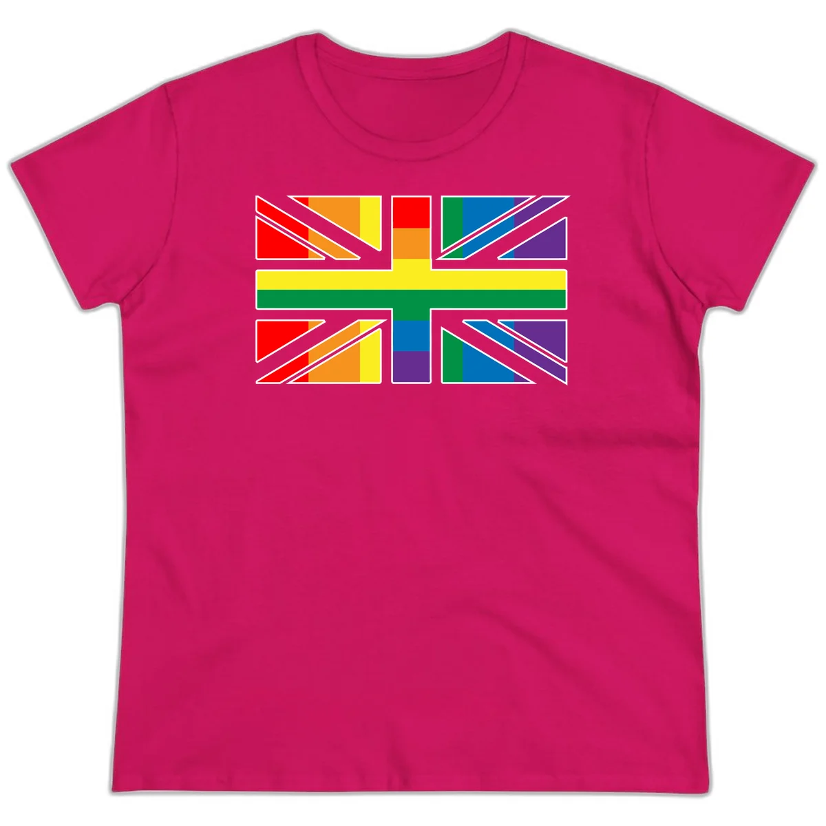 Pride geometric rainbow design with bold triangles and diagonal stripes in red, orange, yellow, green, blue, and purple in Heliconia