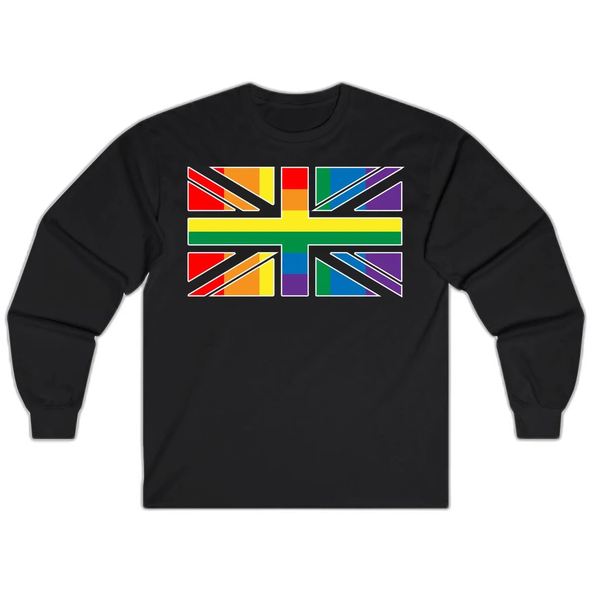 Pride geometric rainbow design with bold triangles and diagonal stripes in red, orange, yellow, green, blue, and purple in Black