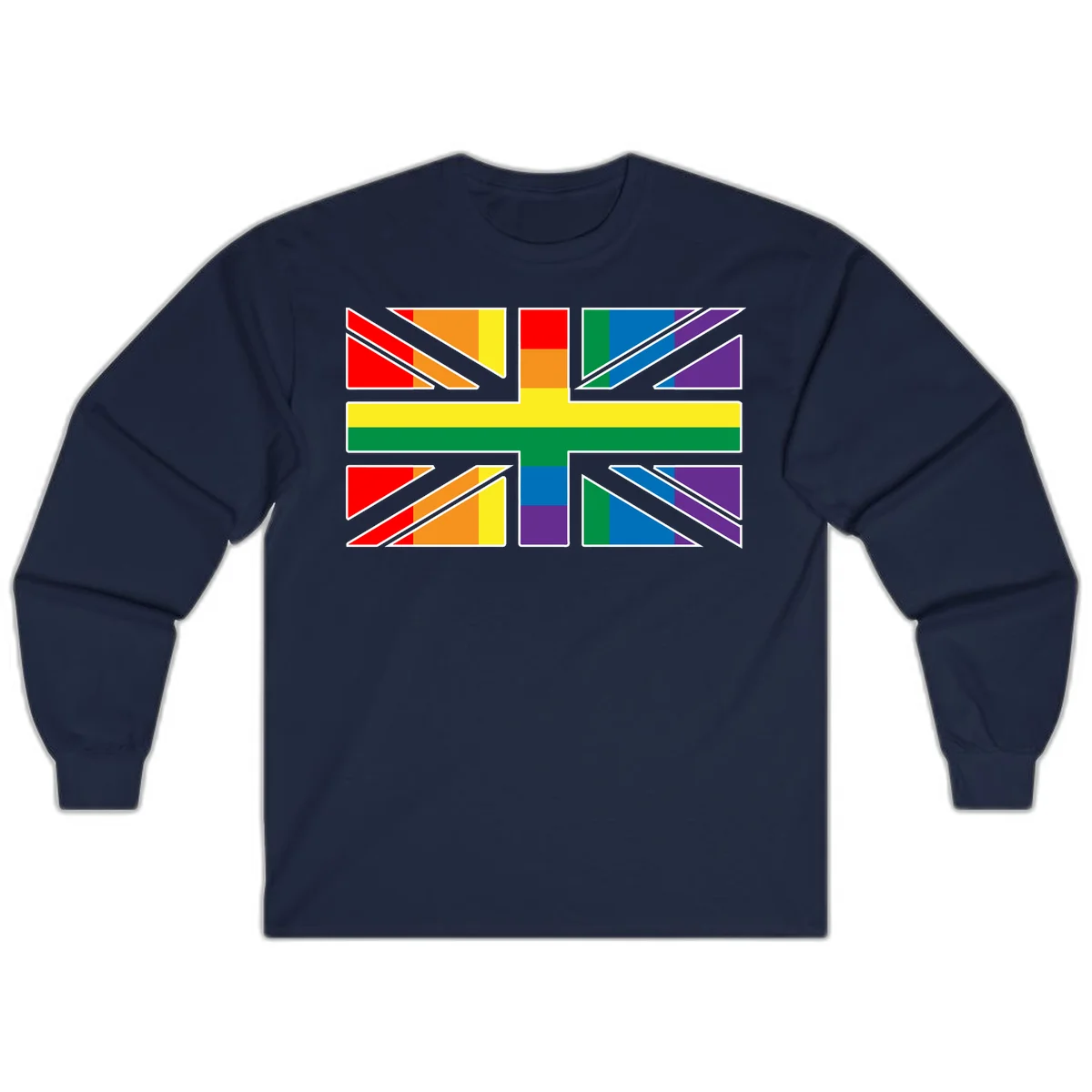 Pride geometric rainbow design with bold triangles and diagonal stripes in red, orange, yellow, green, blue, and purple in Navy