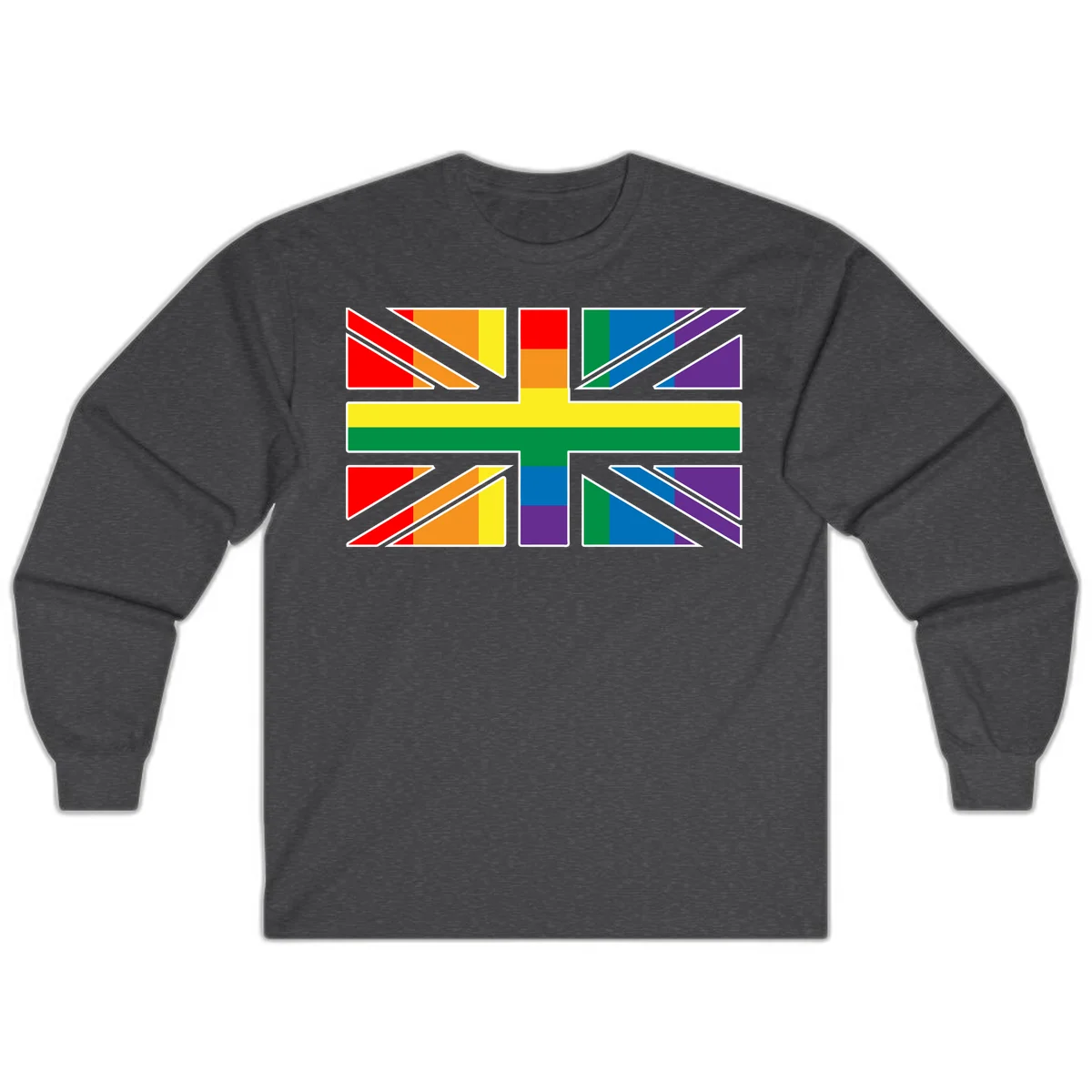 Pride geometric rainbow design with bold triangles and diagonal stripes in red, orange, yellow, green, blue, and purple in Dark Heather