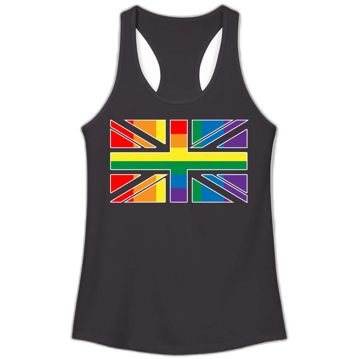 Pride geometric rainbow design with bold triangles and diagonal stripes in red, orange, yellow, green, blue, and purple in Black