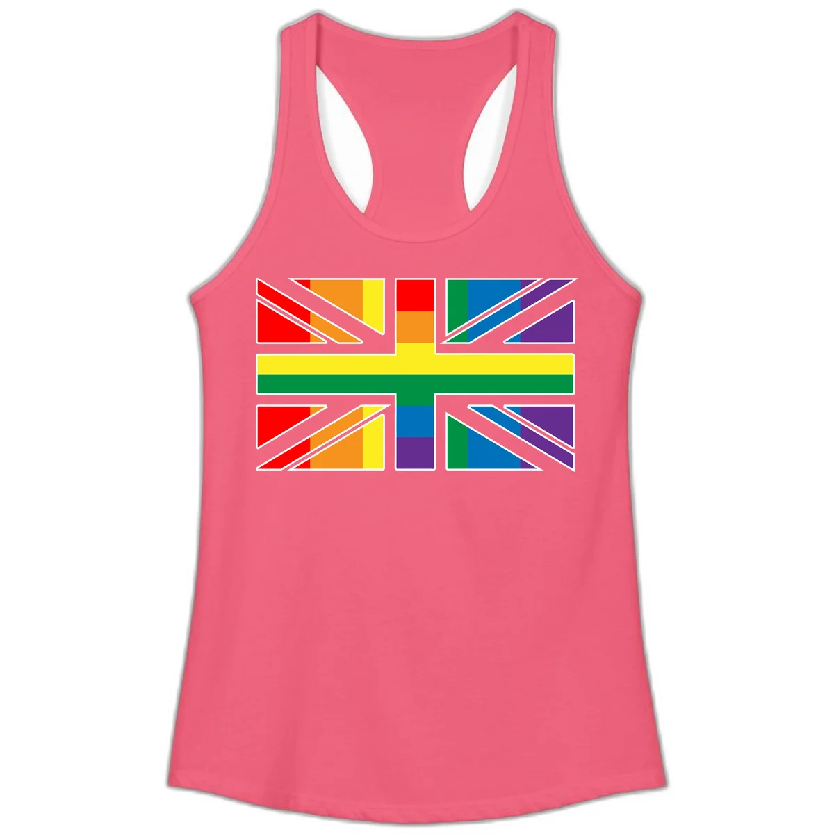 Pride geometric rainbow design with bold triangles and diagonal stripes in red, orange, yellow, green, blue, and purple in Hot Pink