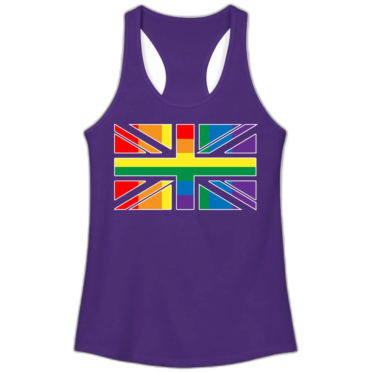 Pride geometric rainbow design with bold triangles and diagonal stripes in red, orange, yellow, green, blue, and purple in Solid Purple Rush