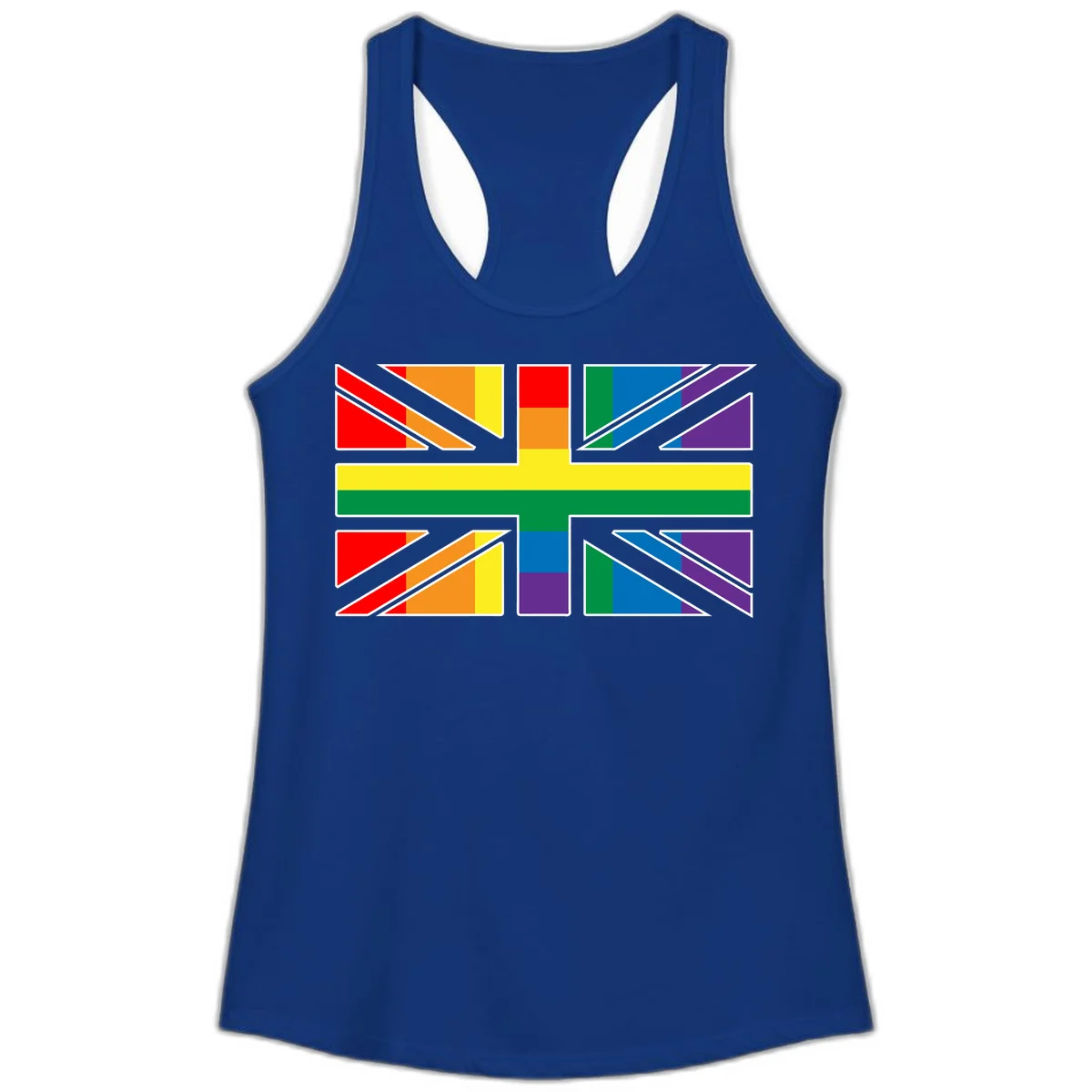 Pride geometric rainbow design with bold triangles and diagonal stripes in red, orange, yellow, green, blue, and purple in Solid Royal